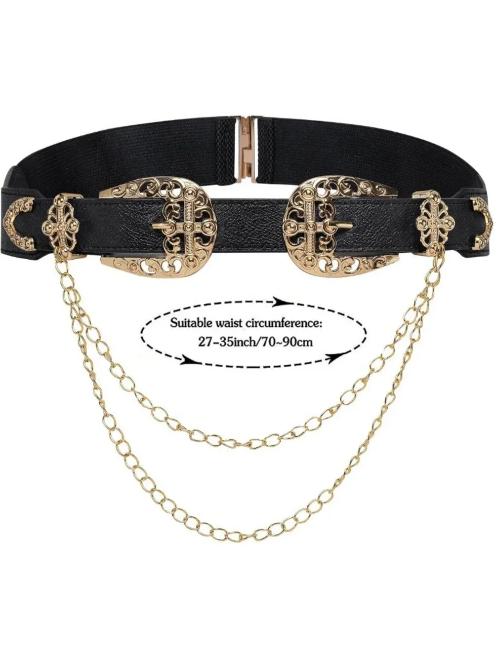 Vintage Western Leather Belt with Chain, Adjustable Double Buckle for Dresses